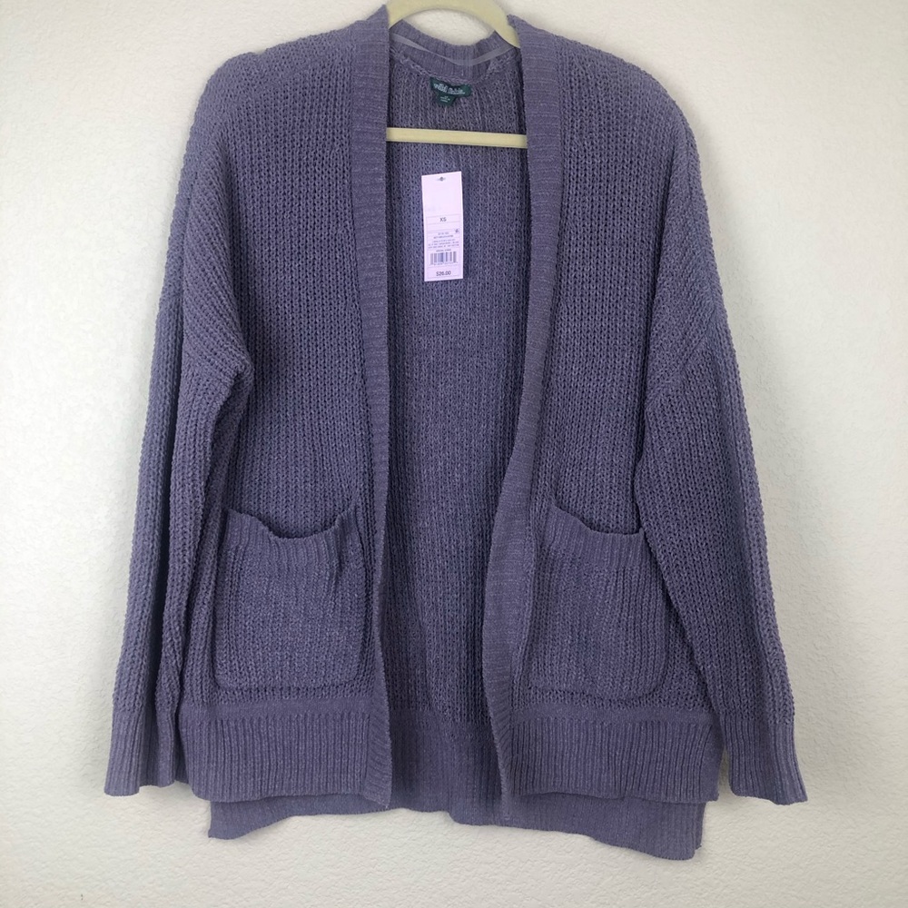 Purple knit open front sweater